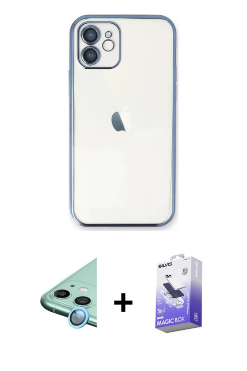 ieg™ iPhone 12 Kılıf Vadi Minimal - Siyah Bilvis 5in1 5D Magic Hayalet Cam Ekran Koruyucu + Mavi Raz