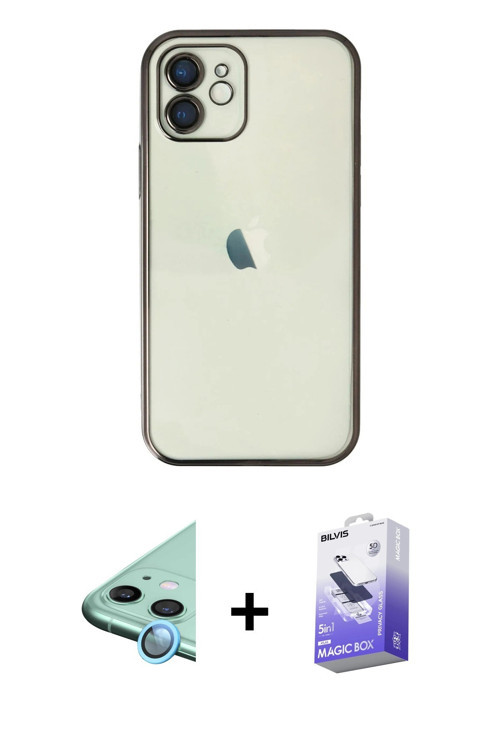 ieg™ iPhone 12 Kılıf Vadi Minimal - Siyah Bilvis 5in1 5D Magic Hayalet Cam Ekran Koruyucu + Mavi Raz