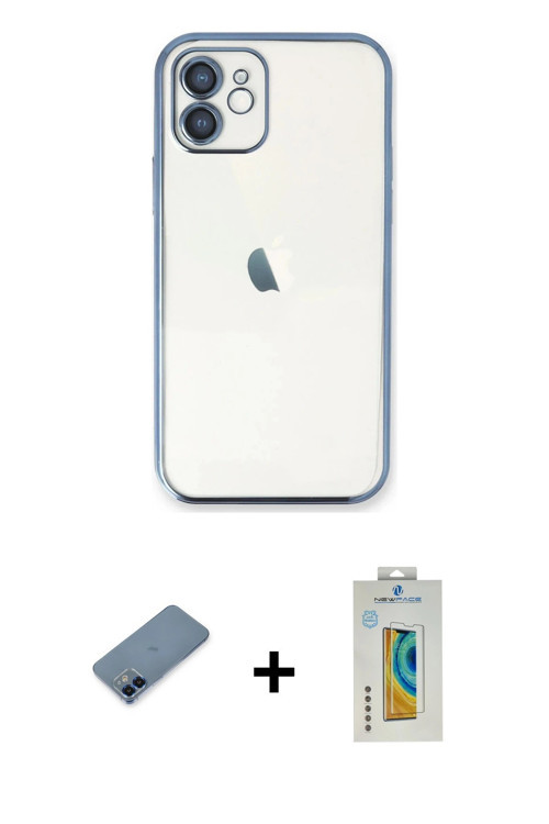 ieg™ iPhone 12 Kılıf Vadi Minimal - Siyah Polymer Nano Ekran Koruyucu + Mavi Metal Kamera Lens Korum