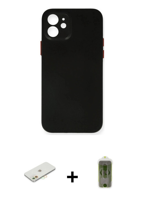 ieg™ iPhone 12 Kılıf Yadigar Yansıma Serisi - Siyah Joko Magic 5D Hayalet Cam + Turuncu Renkli Kamer