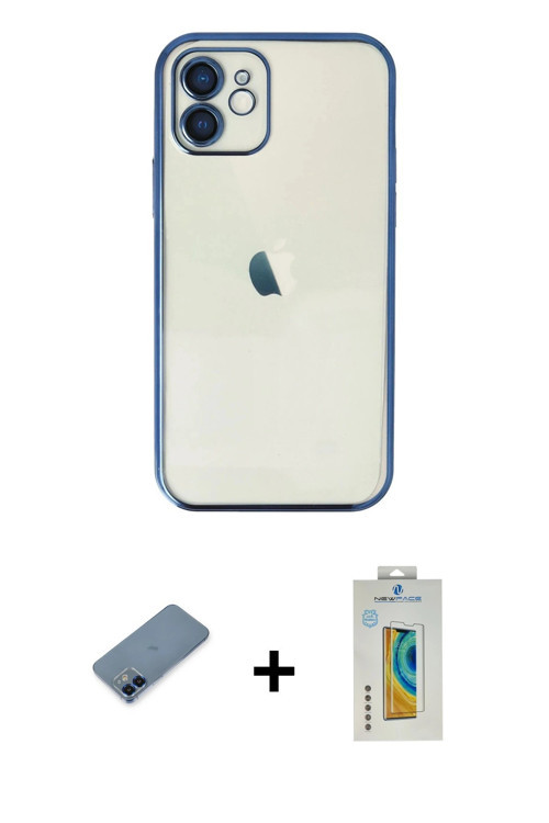 ieg™ iPhone 12 Kılıf Vadi Minimal - Siyah Polymer Nano Ekran Koruyucu + Mavi Metal Kamera Lens Korum