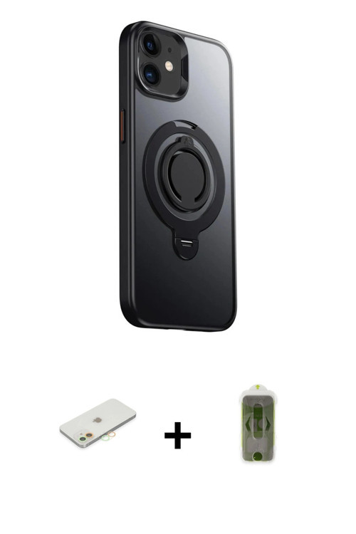 ieg™ iPhone 12 Kılıf Zirve Çizgi Prime - Siyah Joko Magic 5D Hayalet Cam + Turuncu Renkli Kamera Len