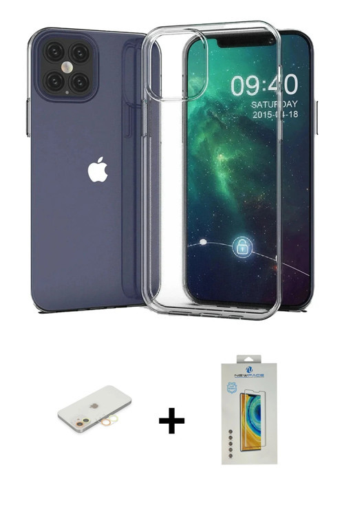 ieg™ iPhone 12 Kılıf Zirve Doku - Siyah Polymer Nano Ekran Koruyucu + Sarı Renkli Kamera Lens Koruma