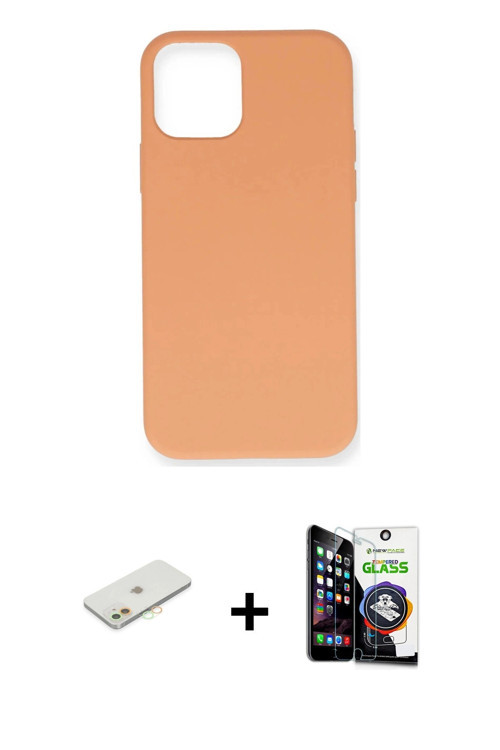 ieg™ iPhone 12 Mini Kılıf Ahenk Serisi - Şeffaf Temperli Cam Ekran Koruyucu + Turuncu Renkli Kamera