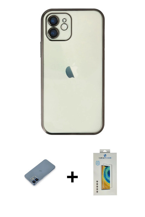 ieg™ iPhone 12 Kılıf Vadi Minimal - Siyah Polymer Nano Ekran Koruyucu + Mavi Metal Kamera Lens Korum