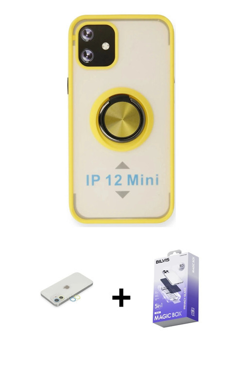 ieg™ iPhone 12 Kılıf Yörünge Çizgi - Siyah Bilvis 5in1 5D Magic Hayalet Cam Ekran Koruyucu + Sarı Re