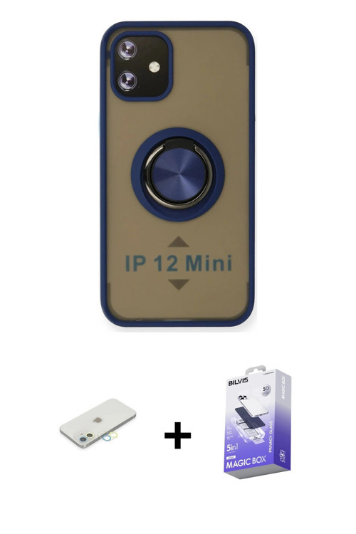 ieg™ iPhone 12 Kılıf Yörünge Çizgi - Siyah Bilvis 5in1 5D Magic Hayalet Cam Ekran Koruyucu + Sarı Re