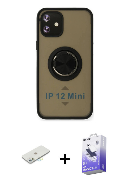 ieg™ iPhone 12 Kılıf Yörünge Çizgi - Siyah Bilvis 5in1 5D Magic Hayalet Cam Ekran Koruyucu + Sarı Re