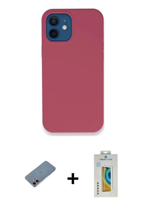 ieg™ iPhone 12 Kılıf Zirve Modern Özel Seri - Siyah Polymer Nano Ekran Koruyucu + Pembe Shine Kamera