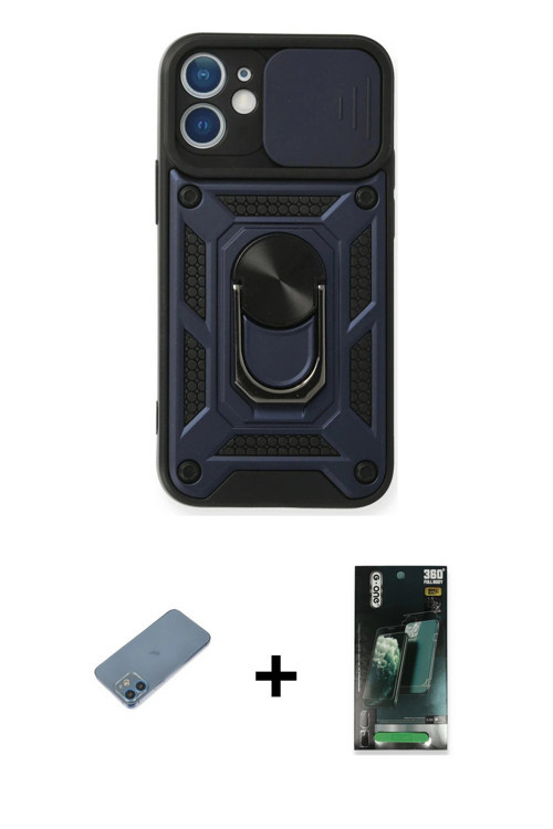ieg™ iPhone 12 Mini Kılıf Ahenk Klasik - Şeffaf 360 Full Body Arka Koruyucu + Mavi Shine Kamera Lens
