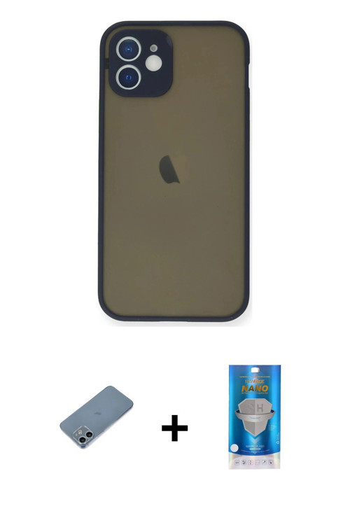 ieg™ iPhone 12 Mini Kılıf Ahenk Çizgi Serisi - Şeffaf Royal Nano Ekran Koruyucu + Sierra Blue Shine