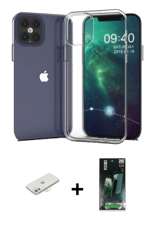 ieg™ iPhone 12 Mini Kılıf Zirve Doku - Şeffaf 360 Full Body Arka Koruyucu + Sarı Renkli Kamera Lens