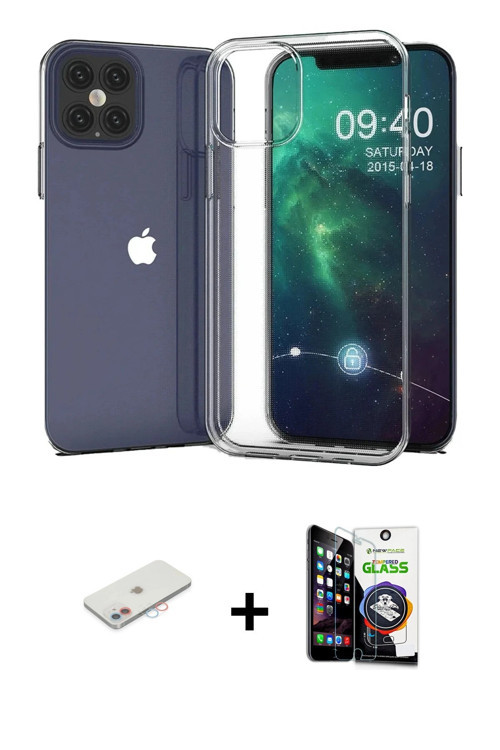 ieg™ iPhone 12 Mini Kılıf Zirve Doku - Şeffaf Temperli Cam Ekran Koruyucu + Pembe Renkli Kamera Lens