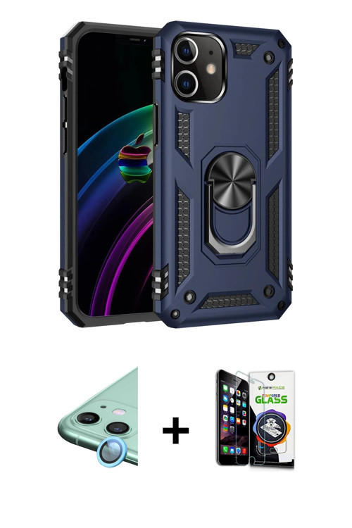 ieg™ iPhone 12 Mini Kılıf Ahenk Klasik Koleksiyonu - Şeffaf Temperli Cam Ekran Koruyucu + Mavi Raze