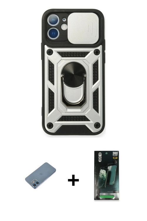 ieg™ iPhone 12 Mini Kılıf Ahenk Klasik - Şeffaf 360 Full Body Arka Koruyucu + Mavi Shine Kamera Lens