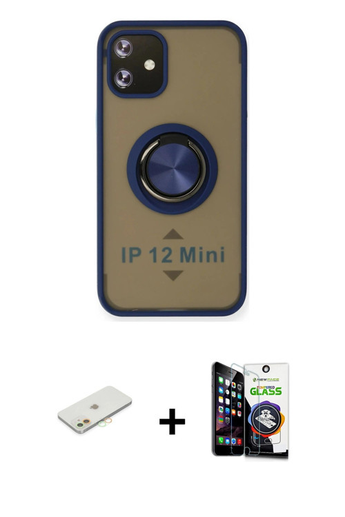 ieg™ iPhone 12 Mini Kılıf Yörünge Çizgi - Şeffaf Temperli Cam Ekran Koruyucu + Turuncu Renkli Kamera