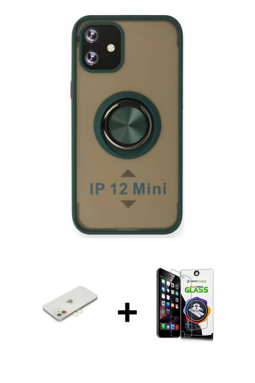 ieg™ iPhone 12 Mini Kılıf Yörünge Çizgi - Şeffaf Temperli Cam Ekran Koruyucu + Turuncu Renkli Kamera