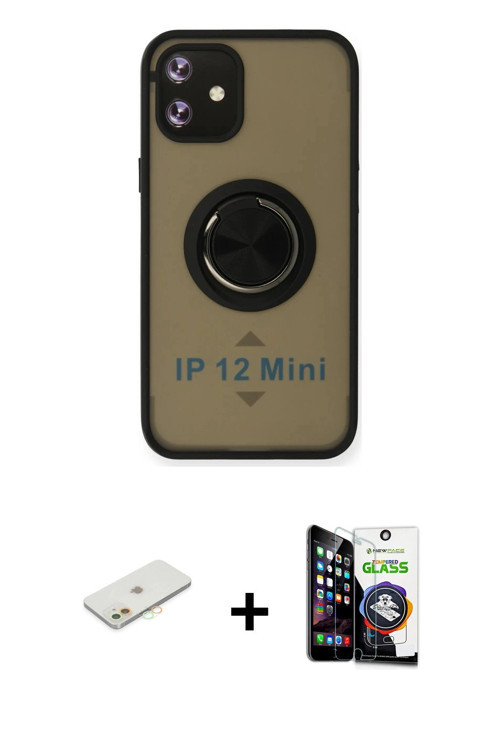 ieg™ iPhone 12 Mini Kılıf Yörünge Çizgi - Şeffaf Temperli Cam Ekran Koruyucu + Turuncu Renkli Kamera