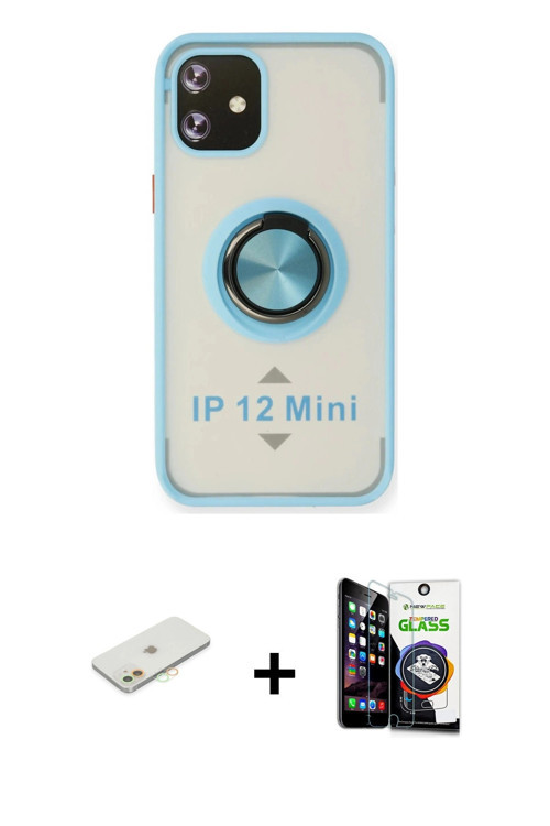 ieg™ iPhone 12 Mini Kılıf Yörünge Çizgi - Şeffaf Temperli Cam Ekran Koruyucu + Turuncu Renkli Kamera