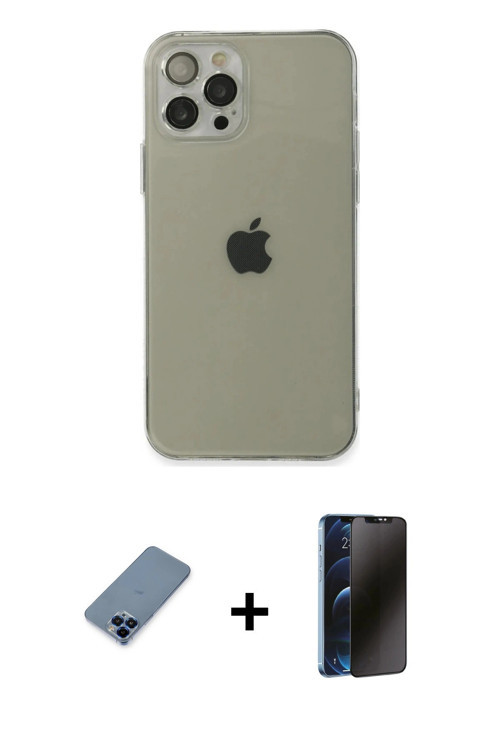 ieg™ iPhone 12 Pro Kılıf Ahenk Doku - Siyah 3D Antistatik Hayalet Cam Ekran Koruyucu + Mavi Metal Ka
