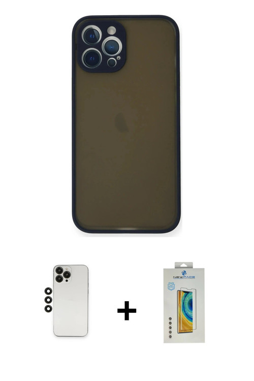 ieg™ iPhone 12 Pro Kılıf Ahenk Çizgi Serisi - Siyah Polymer Nano Ekran Koruyucu + Siyah Shine Kamera