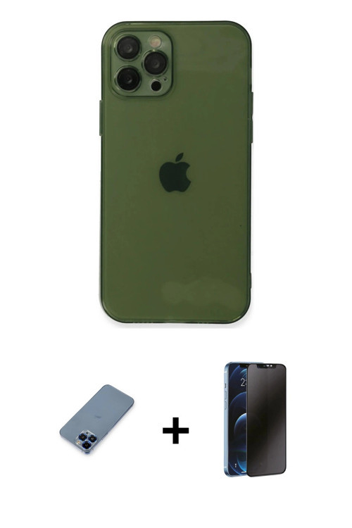 ieg™ iPhone 12 Pro Kılıf Ahenk Doku - Siyah 3D Antistatik Hayalet Cam Ekran Koruyucu + Mavi Metal Ka