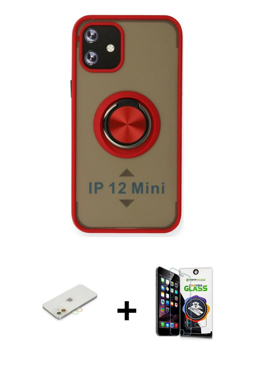 ieg™ iPhone 12 Mini Kılıf Yörünge Çizgi - Şeffaf Temperli Cam Ekran Koruyucu + Turuncu Renkli Kamera