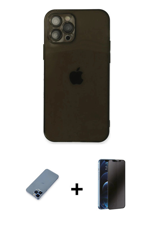ieg™ iPhone 12 Pro Kılıf Ahenk Doku - Siyah 3D Antistatik Hayalet Cam Ekran Koruyucu + Mavi Metal Ka