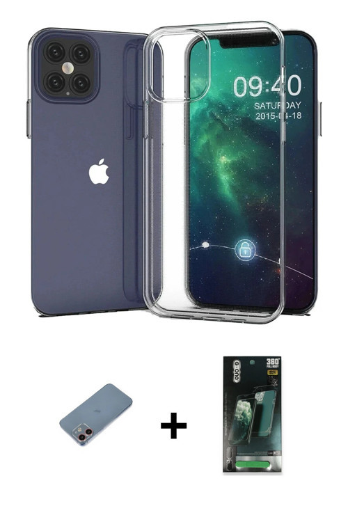 ieg™ iPhone 12 Mini Kılıf Zirve Doku - Siyah 360 Mat Full Body Arka Koruyucu + Pembe Shine Kamera Le