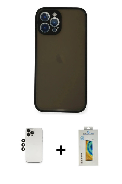 ieg™ iPhone 12 Pro Kılıf Ahenk Çizgi Serisi - Siyah Polymer Nano Ekran Koruyucu + Siyah Shine Kamera