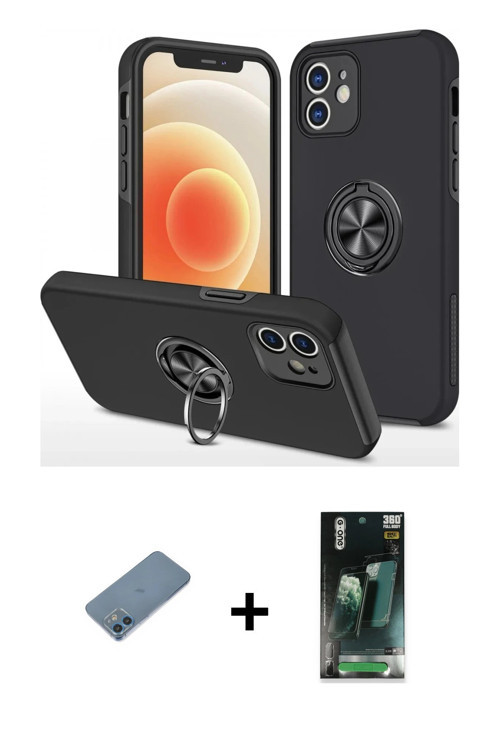ieg™ iPhone 12 Mini Kılıf Odak Form Prime - Siyah 360 Mat Full Body Arka Koruyucu + Mavi Shine Kamer
