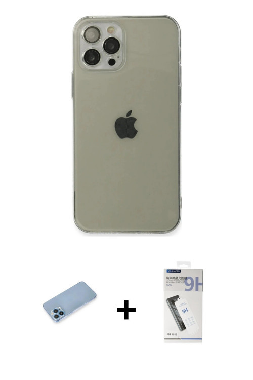 ieg™ iPhone 12 Pro Kılıf Ahenk Doku - Şeffaf Uv Polymer Nano Ekran Koruyucu + Mavi Shine Kamera Lens