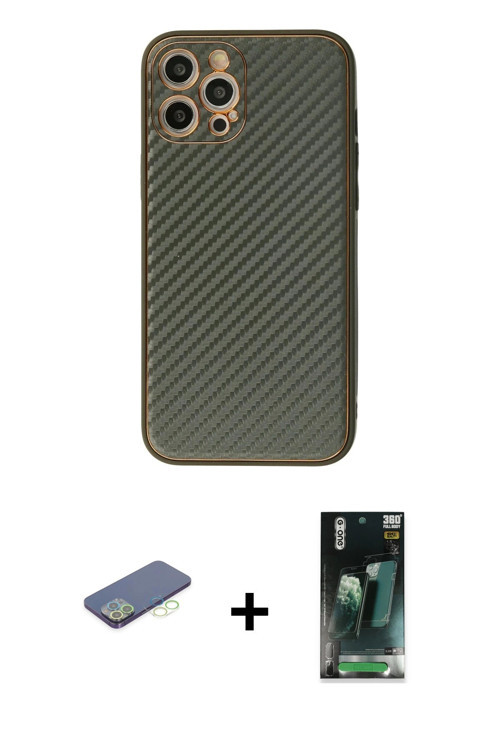 ieg™ iPhone 12 Pro Kılıf Ahenk Işık - Şeffaf 360 Full Body Arka Koruyucu + Yeşil Renkli Kamera Lens