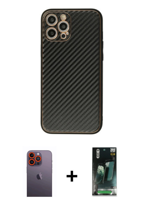 ieg™ iPhone 12 Pro Kılıf Ahenk Işık - Siyah 360 Mat Full Body Arka Koruyucu + Turuncu Neon Fosforlu