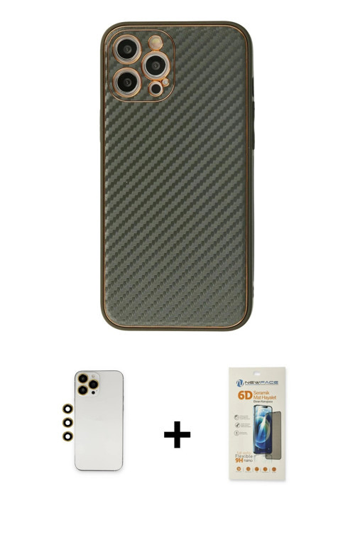 ieg™ iPhone 12 Pro Kılıf Ahenk Işık - Siyah 6D Mat Seramik Hayalet Nano Ekran Koruyucu + Gold Shine