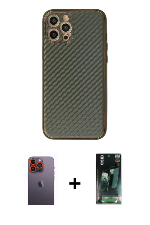 ieg™ iPhone 12 Pro Kılıf Ahenk Işık - Siyah 360 Mat Full Body Arka Koruyucu + Turuncu Neon Fosforlu