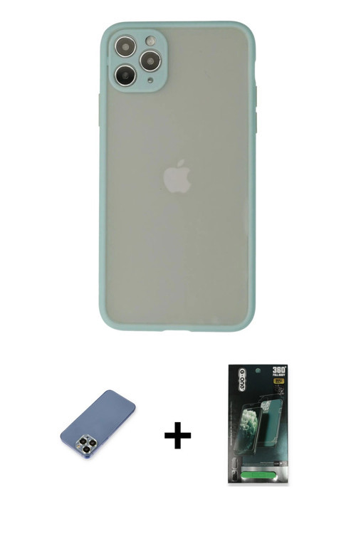 ieg™ iPhone 12 Pro Kılıf Ahenk Çizgi Serisi - Şeffaf 360 Full Body Arka Koruyucu + Açık Yeşil Metal