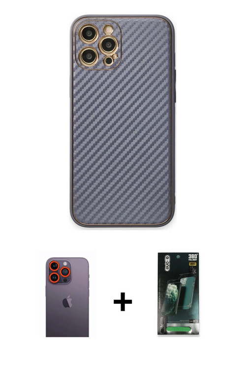 ieg™ iPhone 12 Pro Kılıf Ahenk Işık - Siyah 360 Mat Full Body Arka Koruyucu + Turuncu Neon Fosforlu