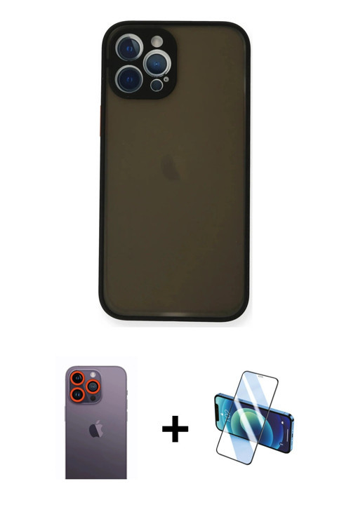 ieg™ iPhone 12 Pro Kılıf Ahenk Çizgi Serisi - Siyah 3D Antistatik Seramik Nano Ekran Koruyucu + Turu