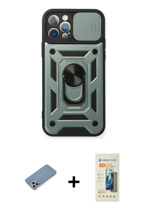 ieg™ iPhone 12 Pro Kılıf Ahenk Klasik - Siyah 6D Mat Seramik Hayalet Nano Ekran Koruyucu + Gümüş Shi