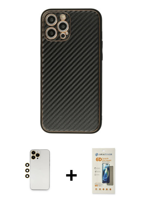 ieg™ iPhone 12 Pro Kılıf Ahenk Işık - Siyah 6D Mat Seramik Hayalet Nano Ekran Koruyucu + Gold Shine