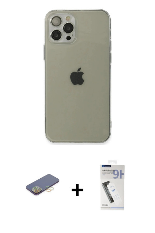 ieg™ iPhone 12 Pro Kılıf Ahenk Doku - Şeffaf Uv Polymer Nano Ekran Koruyucu + Sarı Renkli Kamera Len