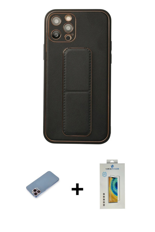 ieg™ iPhone 12 Pro Kılıf Akış Doku - Siyah Polymer Nano Ekran Koruyucu + Pembe Shine Kamera Lens Kor