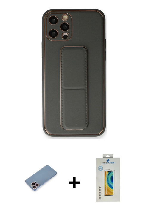 ieg™ iPhone 12 Pro Kılıf Akış Doku - Siyah Polymer Nano Ekran Koruyucu + Pembe Shine Kamera Lens Kor