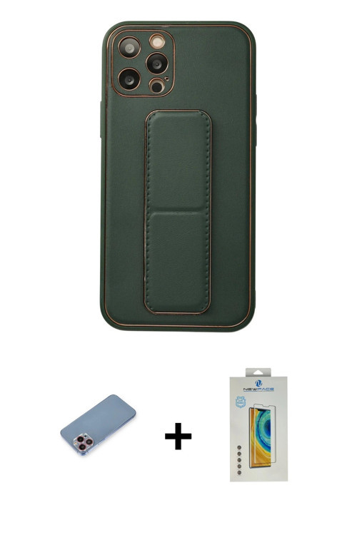 ieg™ iPhone 12 Pro Kılıf Akış Doku - Siyah Polymer Nano Ekran Koruyucu + Pembe Shine Kamera Lens Kor