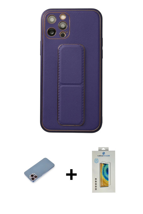 ieg™ iPhone 12 Pro Kılıf Akış Doku - Siyah Polymer Nano Ekran Koruyucu + Pembe Shine Kamera Lens Kor
