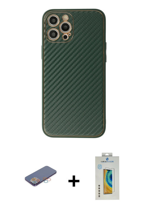 ieg™ iPhone 12 Pro Kılıf Ahenk Işık - Siyah Polymer Nano Ekran Koruyucu + Pembe Renkli Kamera Lens K