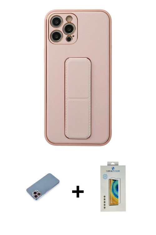 ieg™ iPhone 12 Pro Kılıf Akış Doku - Siyah Polymer Nano Ekran Koruyucu + Pembe Shine Kamera Lens Kor