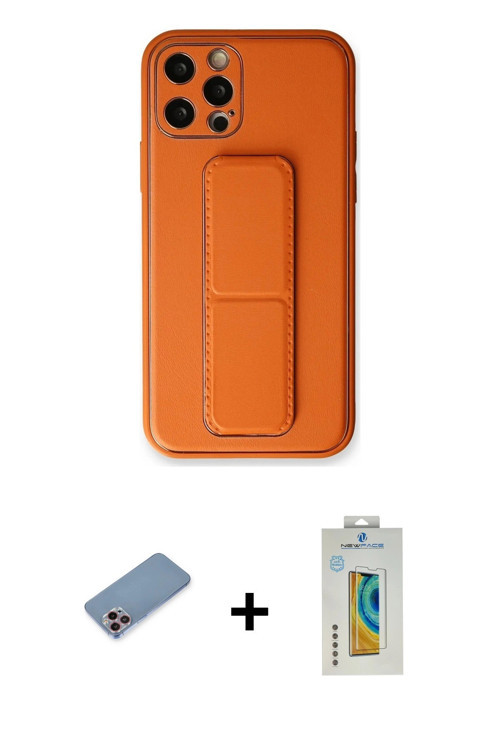 ieg™ iPhone 12 Pro Kılıf Akış Doku - Siyah Polymer Nano Ekran Koruyucu + Pembe Shine Kamera Lens Kor