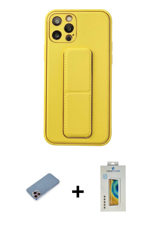 ieg™ iPhone 12 Pro Kılıf Akış Doku - Siyah Polymer Nano Ekran Koruyucu + Pembe Shine Kamera Lens Kor